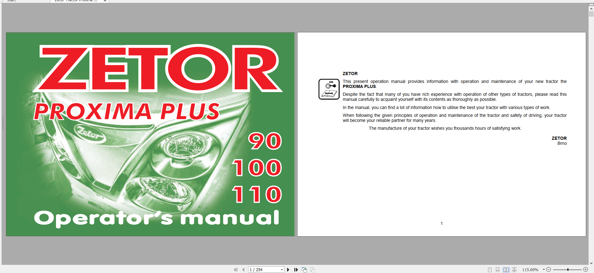 Zetor Tractor Proxima Plus 90 100 110 2017 3B Operators Manual