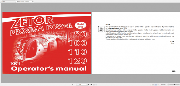 Zetor Tractor Proxima Power 90 100 110 120 2011 Operators Manual