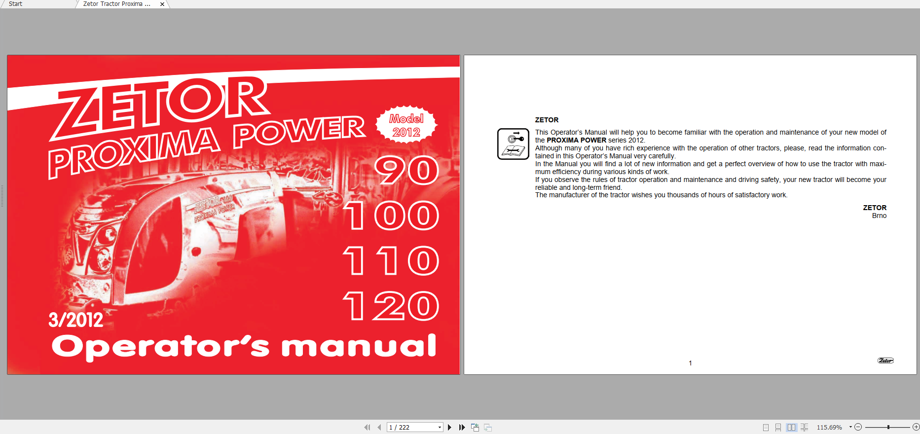 Zetor Tractor Proxima Power 90 100 110 120 2012 3B Operators Manual