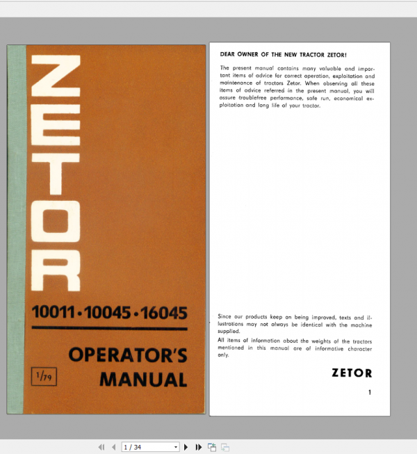 Zetor Tractor UR II 10011 10045 16045 Operators Manual 1