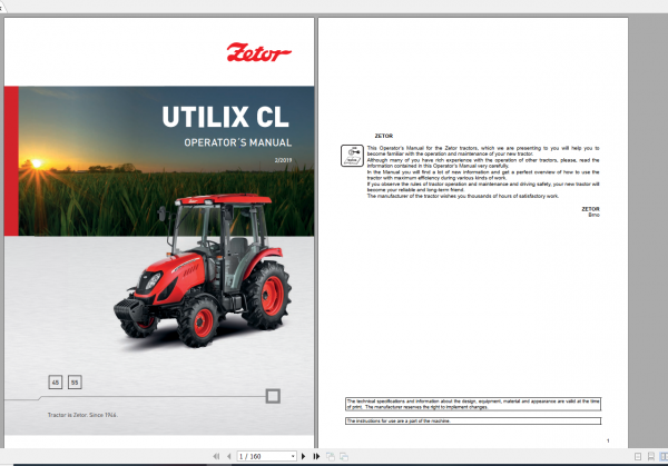 Zetor Tractor Utilix CL 45 55 2019 Operators Manual