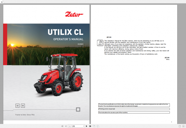 Zetor Tractor Utilix CL 45 55 2021 Operators Manual 1