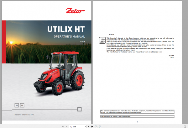 Zetor Tractor Utilix HT 45 55 2018 Operators Manual