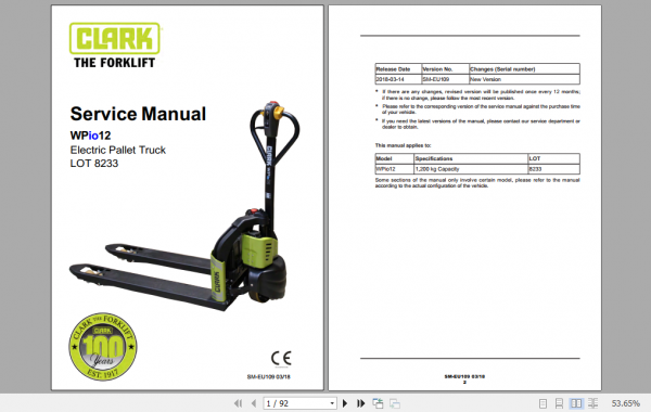 Clark Electric Pallet Truck WPio12 LOT 8233 Service Manual SM EU109 1