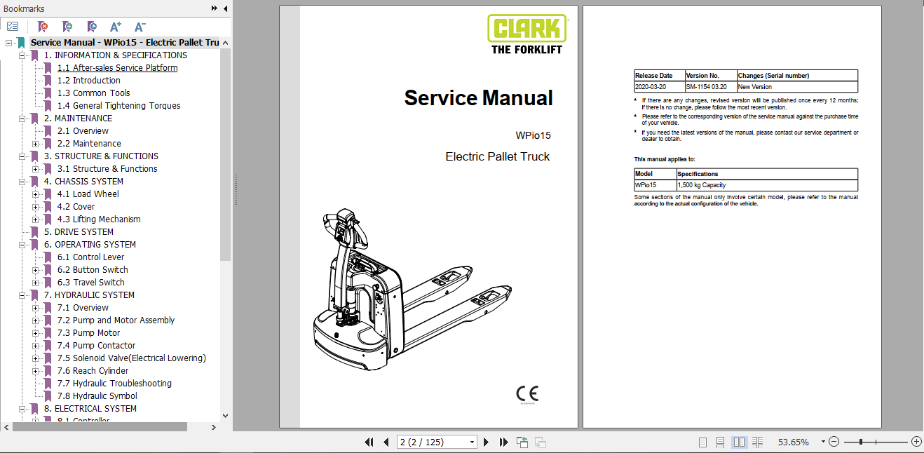 Clark Electric Pallet Truck WPio15 Service Manual SM 1154 1