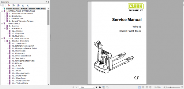 Clark Electric Pallet Truck WPio18 Service Manual SM 1154 1
