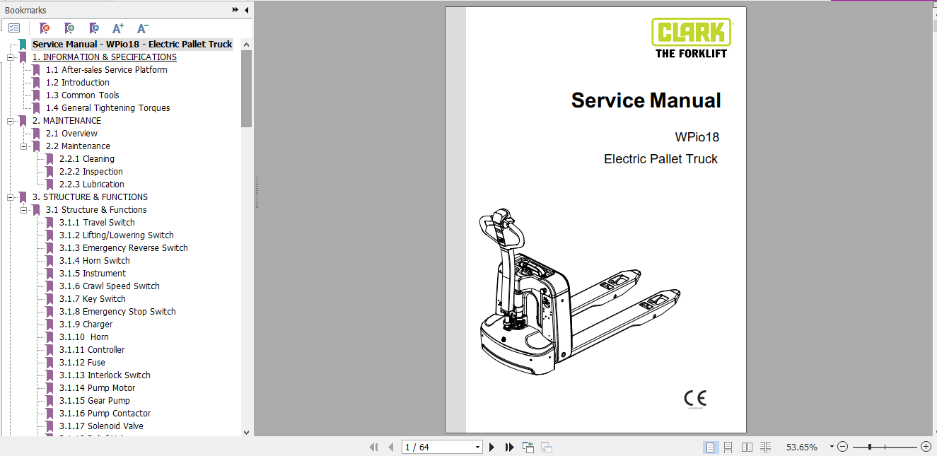 Clark Electric Pallet Truck WPio18 Service Manual SM 1154 1