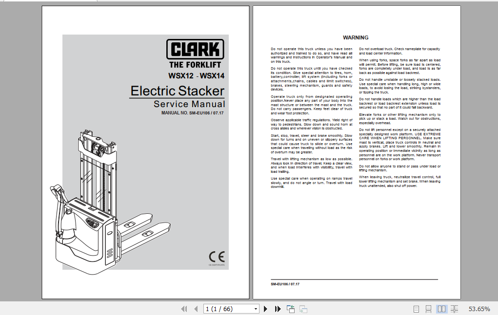 Clark Electric Stacker W SX12 WSX14 Service Manual SM EU106 1