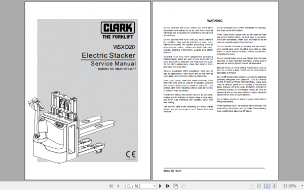 Clark Electric Stacker WSXD20 Service Manual SM EU107 1