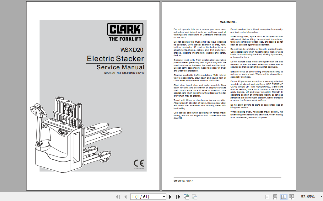 Clark Electric Stacker WSXD20 Service Manual SM EU107 1