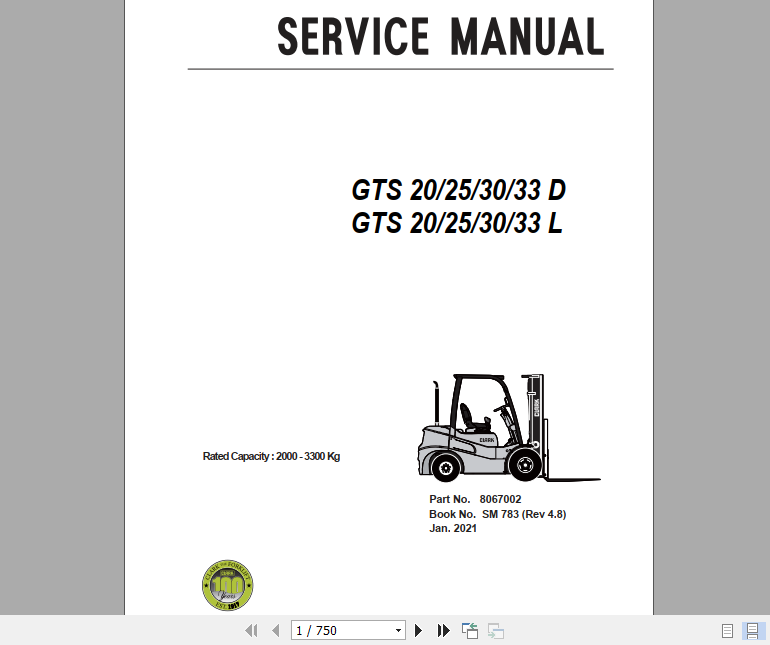 Clark Forklift 2021 GTS 20 33 D L Service Manual 8067002 1