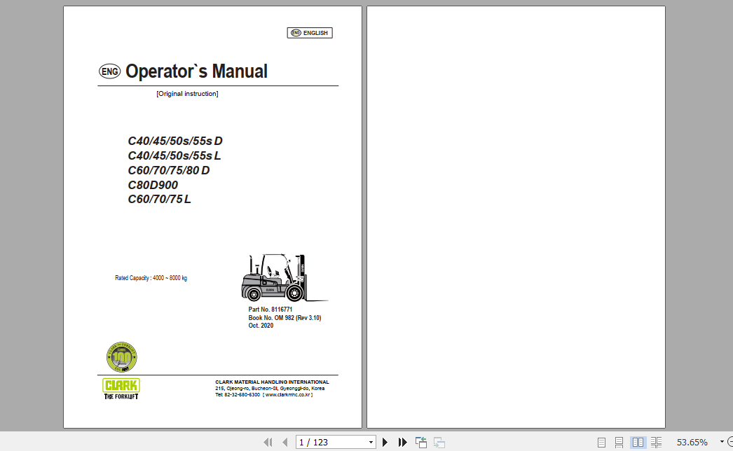 Clark Forklift C40 C80 sD sL D Operator Manual 8116771 1