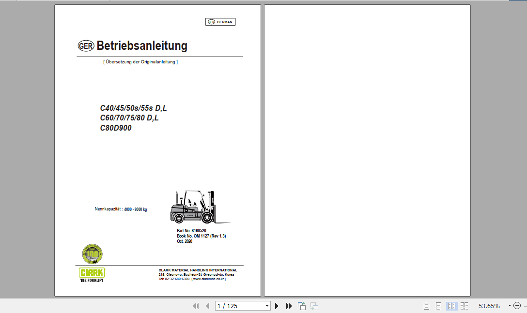 Clark Forklift C40 C80D900 German Operator Manual 8160520 1
