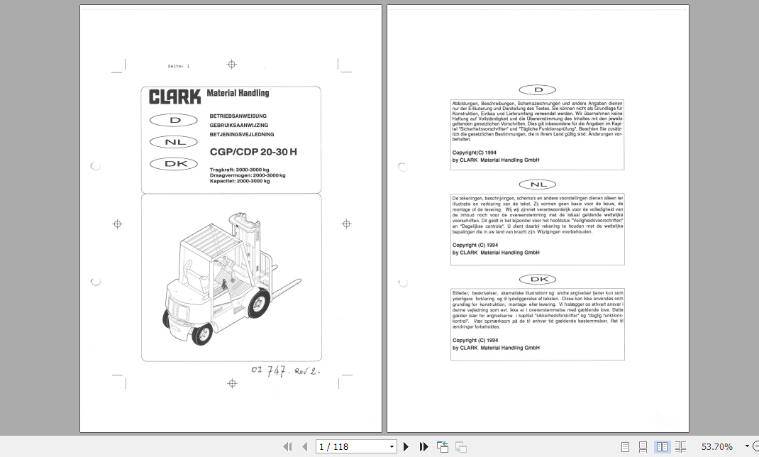 Clark Forklift CDP20 30H German Operator Manual 07747 1