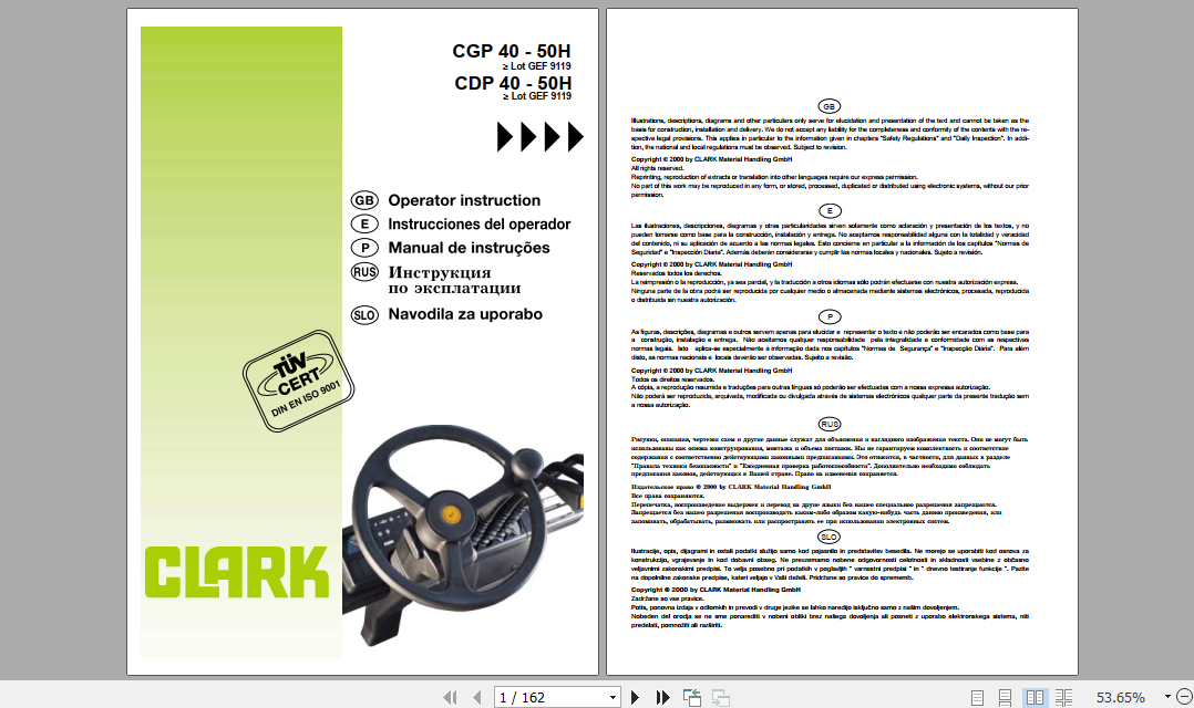 Clark Forklift CDP40 50H German Operator Manual 4340332 1