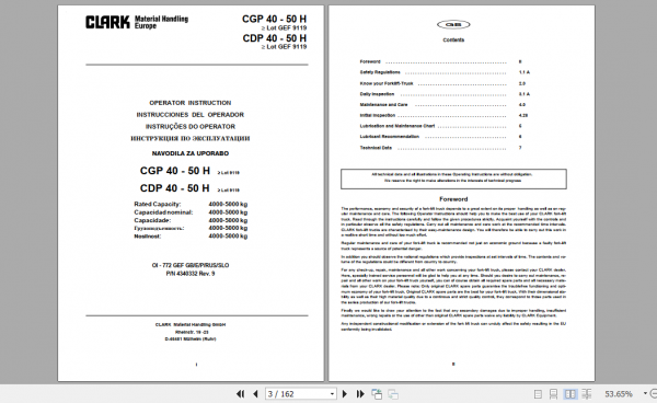 Clark Forklift CDP40 50H Operator Manual 4340332 2