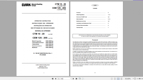 Clark Forklift CEM 12S 20S CTM 10 20 German Operator Manual 4350848 3