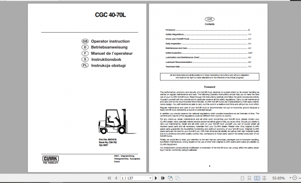 Clark Forklift CGC 40 70 German Operator Manual 8041618 1