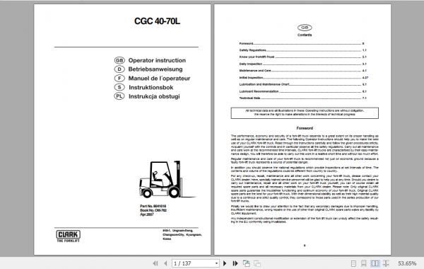 Clark Forklift CGC 40 70L Operator Manual 8041618 1