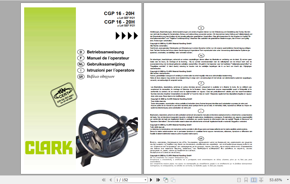 Clark Forklift CGP16H 20SH German Operator Manual 4349247 1