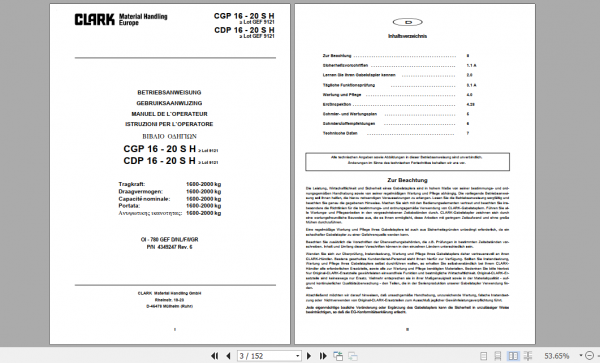 Clark Forklift CGP16H 20SH German Operator Manual 4349247 2