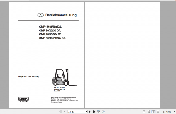Clark Forklift CGP16H 20SH German Operator Manual 4349247 3 1