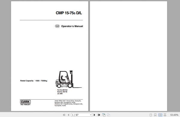 Clark Forklift CGP16H 20SH Operator Manual 4349248 2 1