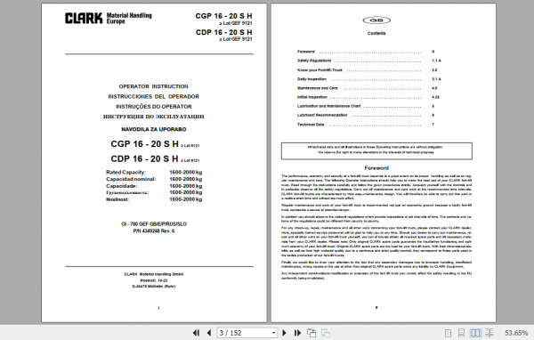 Clark Forklift CGP16H 20SH Operator Manual 4349248 2