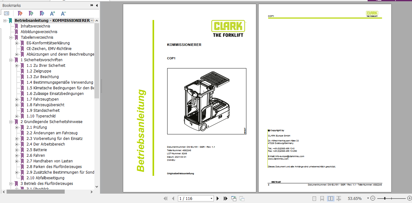 Clark Forklift COP1 German Operator Manual 4582245 1