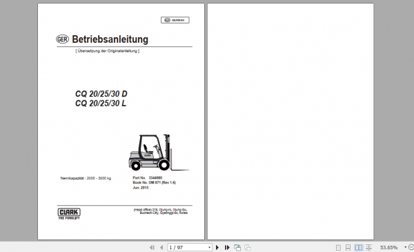 Clark Forklift CQ 20D 30L German Operator Manual 3344080 1