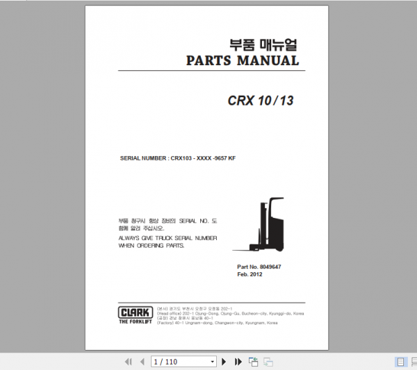 Clark Forklift CRX 10 13 Parts Manual 8049647 1