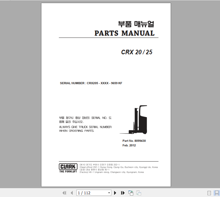 Clark Forklift CRX 20 25 Parts Manual 8099430 1