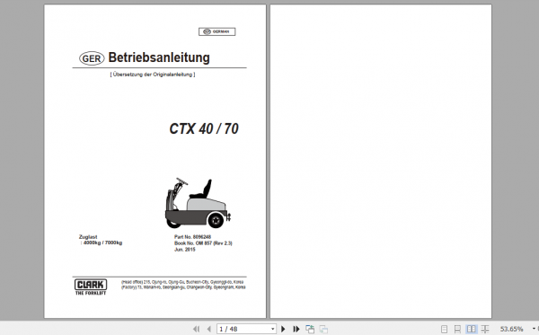 Clark Forklift CTX 40 70 German Operator Manual 8096248 1
