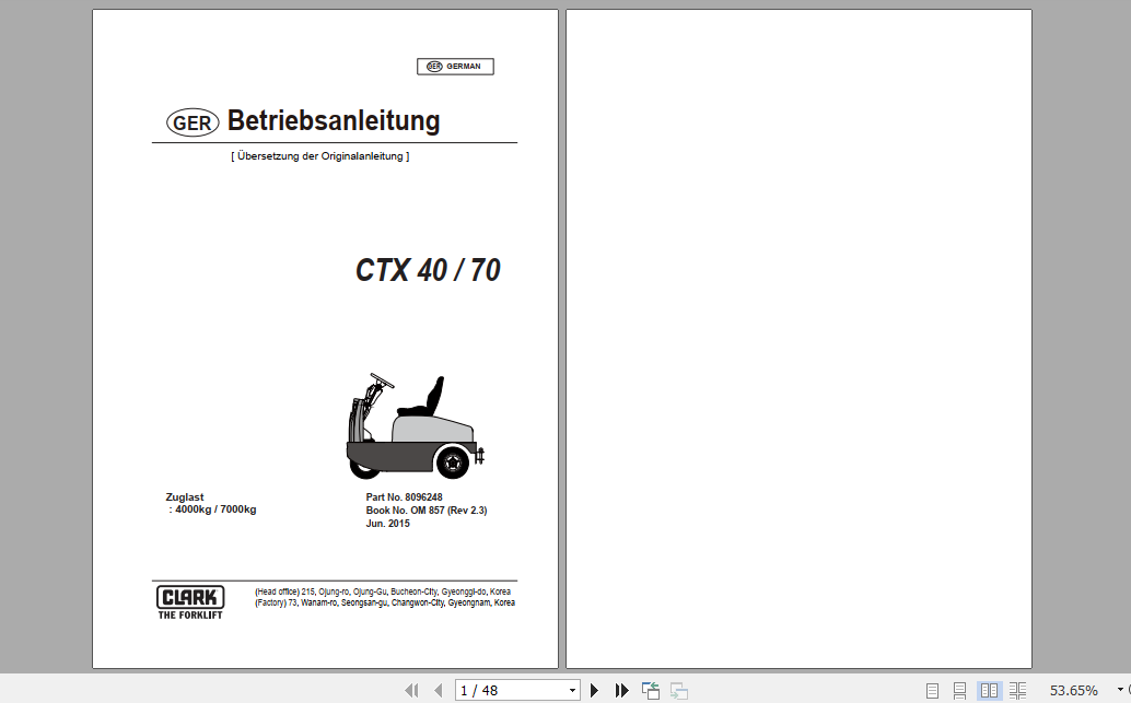 Clark Forklift CTX 40 70 German Operator Manual 8096248 1