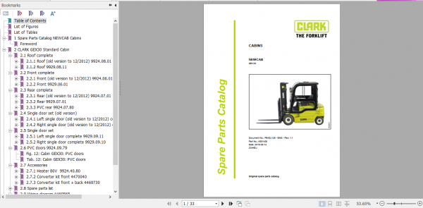 Clark Forklift Cabin GEX GTS 16 GTX20s C15D 55s Parts Manual EN 1