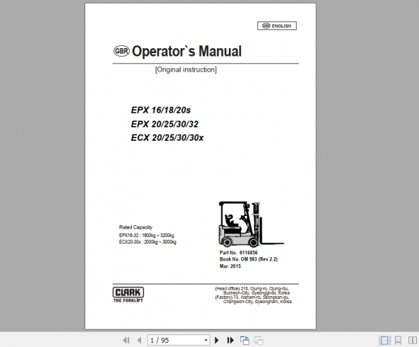 Clark Forklift EPX 16 ECX 30x Operator Manual 8113243 1