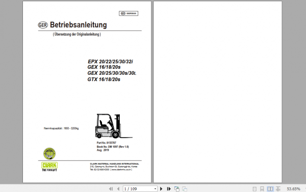 Clark Forklift EPX GEX GTX 16 30i L German Operator Manual 8155787 1