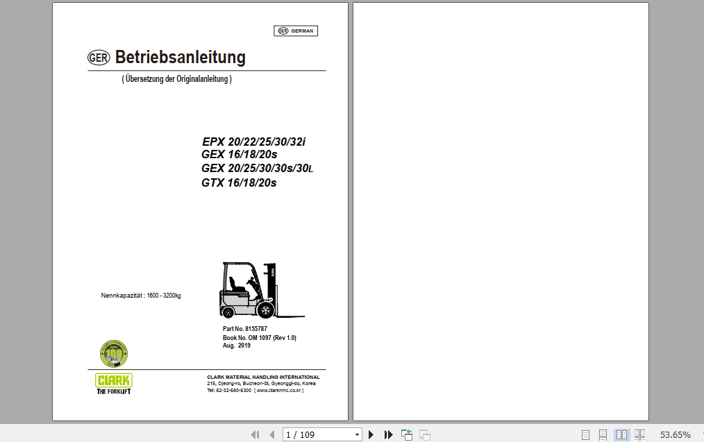 Clark Forklift EPX GEX GTX 16 30i L German Operator Manual 8155787 1