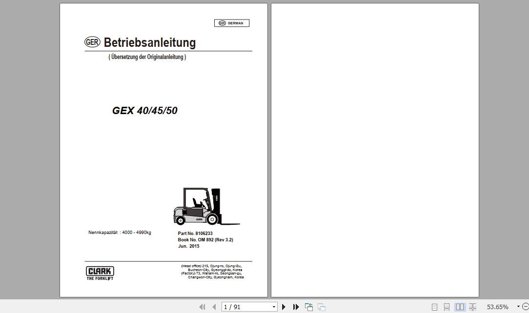 Clark Forklift GEX 40 45 50 German Operator Manual 8106233 1