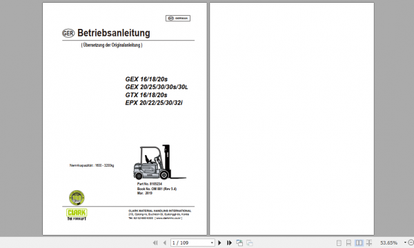 Clark Forklift GEX GTX EPX 16 32i S L German Operator Manual 81052341