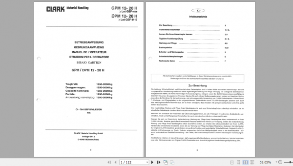 Clark Forklift GPM12 20H German Operator Manual 1