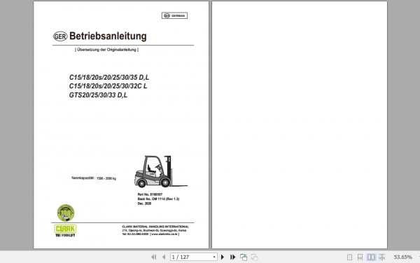 Clark Forklift GTS C 15 35 D L German Operator Manual 8160507 1