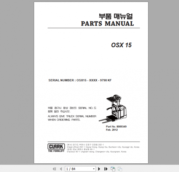 Clark Forklift GTX 16 18 20s Parts Manual 9675 KF 3 1