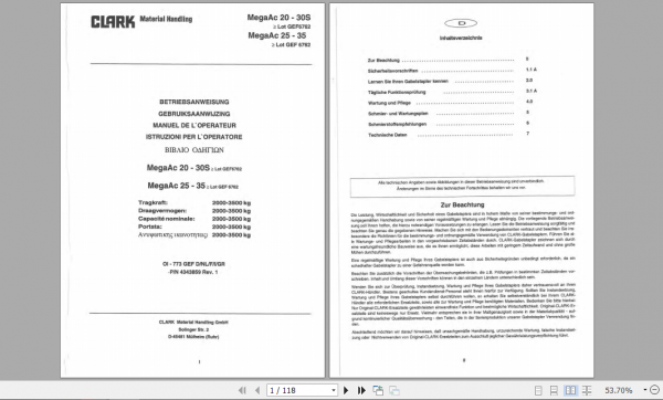 Clark Forklift MEGA AC20 35 German Operator Manual 4343859 1