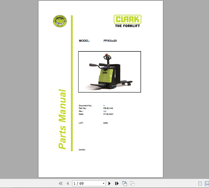 Clark Forklift PPXSio20 Parts Manual PB EU146 1