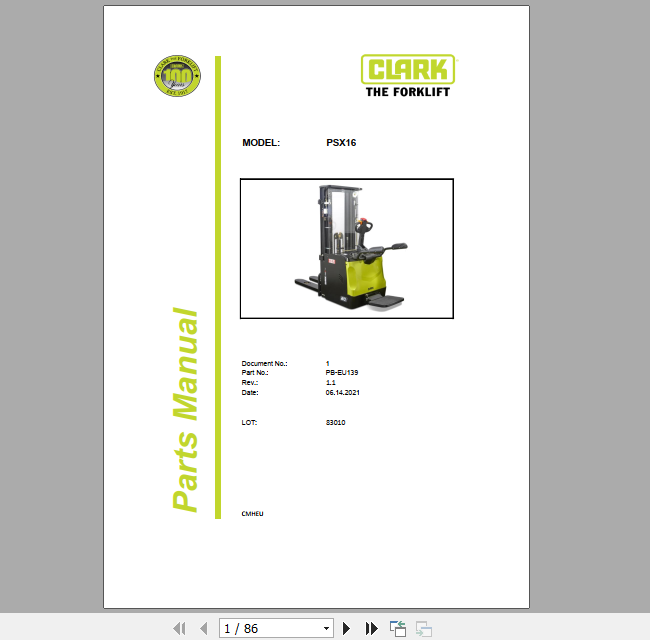Clark Forklift PSX16 Parts Manual PB EU139 1