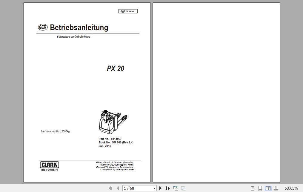 Clark Forklift PX20 German Operator Manual 8114067 1
