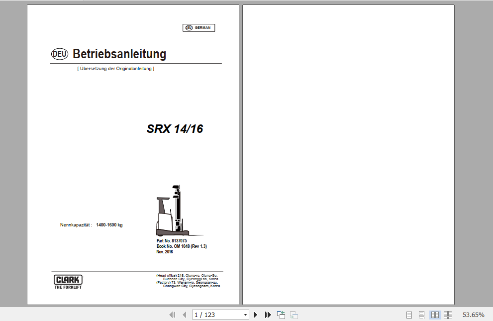 Clark Forklift SRX 14 16 German Operator Manual 8137075 1