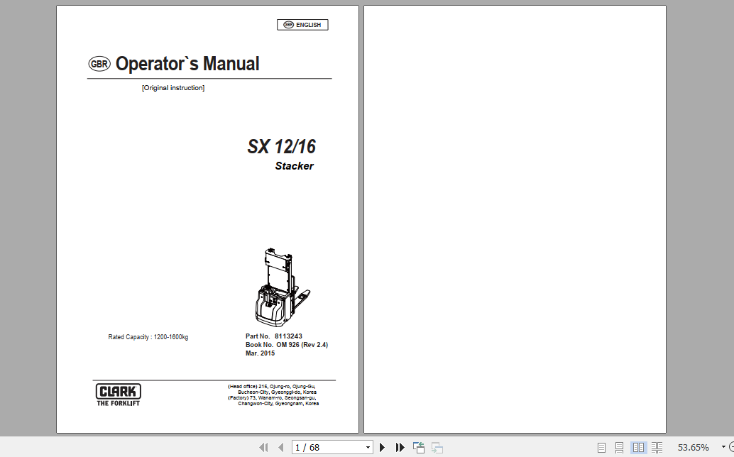 Clark Forklift SX 12 16 Operator Manual 8113243 1