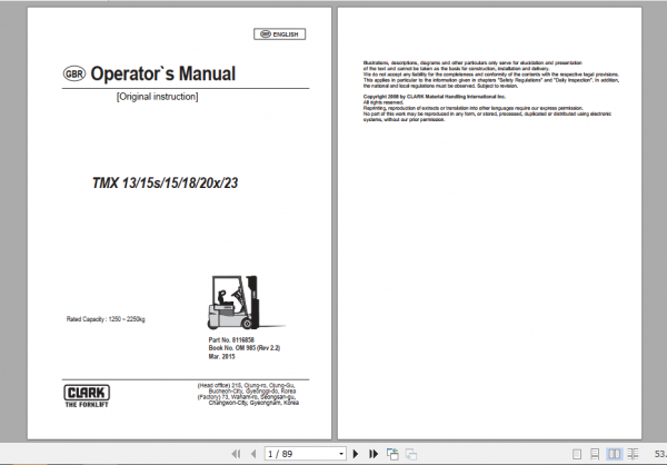 Clark Forklift SX 12 16 Operator Manual 8113243 3 1